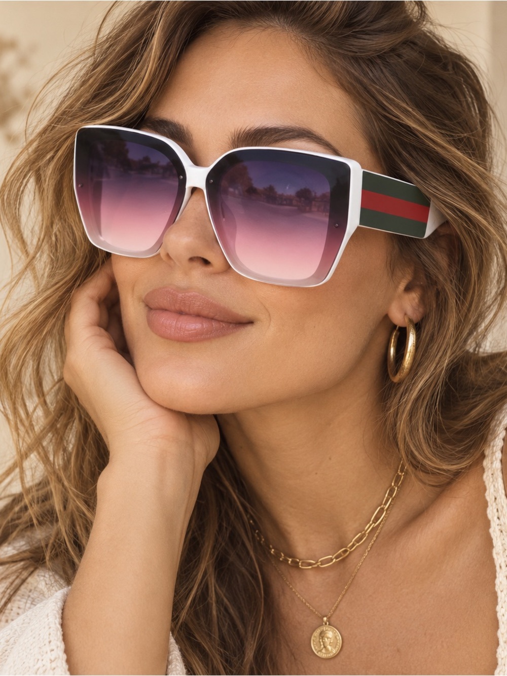 Designer Inspired White Pink Gradient Oversized Sunglasses